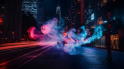 Leinwandbilder - Surreal and visually striking night scene in a modern city with ethereal smoke or vapor vibrant neon lights and blurred motion trails of vehicles creating a dynamic futuristic
