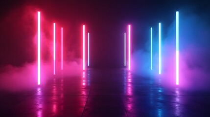 Poster - Surreal and mesmerizing scene of a futuristic architectural corridor bathed in vibrant glowing neon lights that are reflected in the shimmering water surface below