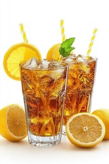 Poster - Refreshing iced tea with lemon and mint in tall glasses on a bright white background perfect for summer refreshment