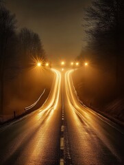 Poster - Golden Hour Road to Horizon with Light Streaks and Foggy Atmosphere a Cinematic Journey