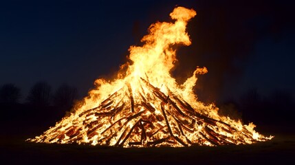 Poster - Towering bonfire flames engulfing wooden structure in a dark wooded landscape under a night sky  Bright orange glow and billowing smoke from the intense fire creates a dramatic fiery scene
