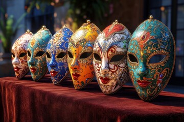 Poster - Colorful, intricately designed masks are displayed on a table, showcasing artistic craftsmanship and cultural significance.