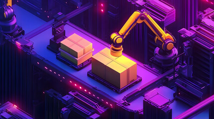Wall Mural - isometric automated robot arms. smart automated robotic arms holding box in a warehouse. modern logi