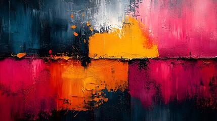 Poster - Vibrant Abstract Acrylic Painting with Expressive Brush Strokes and Layers of Contrasting Colors Creating a Dynamic and Emotive Landscape Like Composition