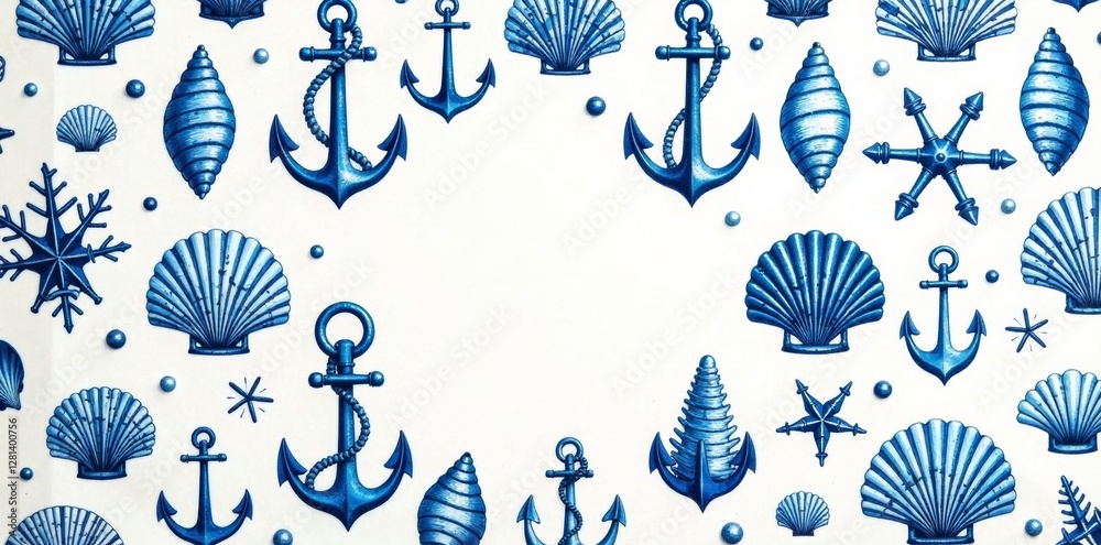 Blue and white toile de jouy pattern featuring sea shells, anchors ...