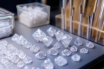 Poster - Elegant array of sparkling diamonds on gray surface capturing brilliance and precision in jewelry making studio