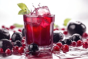 Poster - Refreshing berry juice with ice splash and mint garnish on a bright background captures summer mood and healthy lifestyle in a vibrant composition