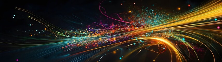 Poster - Vibrant Colorful Light Trails and Glowing Energy Bursts Flowing Through Dark Abstract Background with Futuristic Cosmic and Digital Accents and Patterns