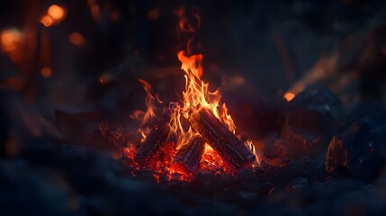 Poster - Vibrant glowing campfire burning brightly in a snowy forest landscape at night  The warm orange flames cast a cozy atmospheric glow against the dark winter backdrop  This rustic