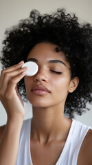 Wall Mural - black Woman using cotton pad on face for skincare routine eyes closed curly hair and light skin tone