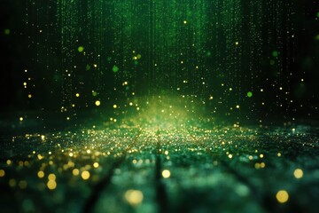 Poster - Enchanting Emerald Cascade of Sparkling Lights on Wooden Surface Captivating Festive Magic and Dreamy Atmosphere Elegant Backdrop