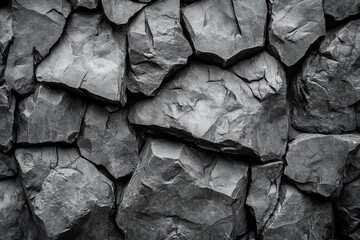 Poster - Dramatic Close Up of Dark Gray Basalt Rock Formation with Sharp Edges and Rough Texture in Natural Light