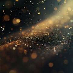 Poster - Ethereal golden particles floating in dark space creating a mesmerizing abstract background with bokeh effect and soft light