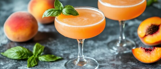 Poster - Refreshing Peach Cocktail in Elegant Coupe Glass with Basil Garnish on Dark Textured Surface Summer Drink Still Life