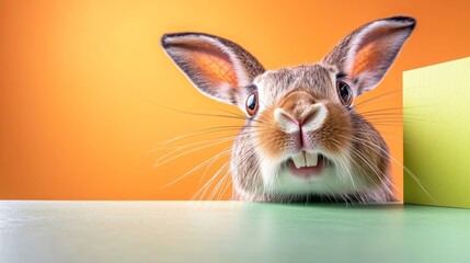 Poster - Rabbit is peeking out from behind a yellow background. The rabbit is looking at the camera, and the background is yellow