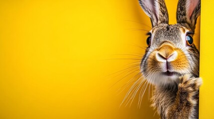 Wall Mural - Rabbit is peeking out from behind a yellow background. The rabbit is looking at the camera, and the background is yellow