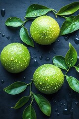 Poster - Vibrant Limes with Fresh Green Leaves on Dark Surface Capturing a Refreshing and Natural Mood in a Top Down View for Stock Photography