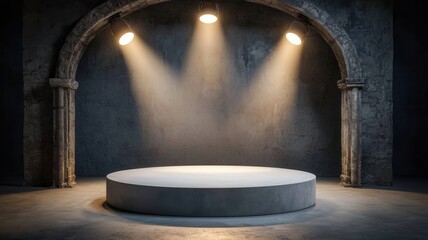 Poster - Empty circular stage under dramatic lighting in a dark, textured environment.