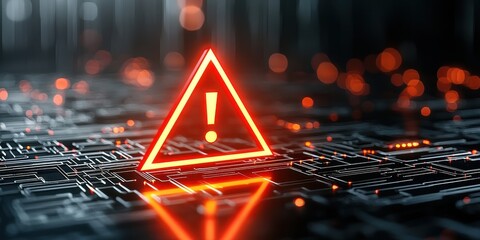 Poster - Bright red warning triangle on a digital circuit background, symbolizing alert or caution in technology.