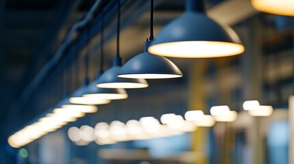 Poster - A series of industrial lamps hangs from the ceiling, casting a warm and inviting light across the workspace. The illumination creates a soothing atmosphere in the evening.