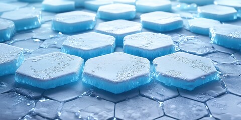 Poster - Hexagonal ice shapes with a blue tint, glistening with droplets on a textured surface.
