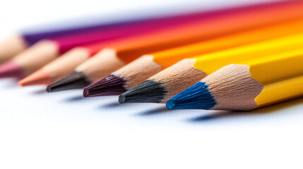 Poster - Close-up of colorful pencils lying on white background showing their tips, ready for drawing and coloring