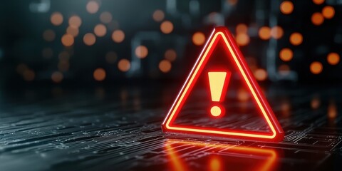Poster - Warning sign illuminated in red on a dark, tech-inspired background.