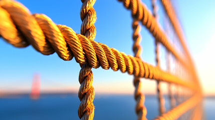 Golden rope net, ocean sunset, distant ship, teamwork concept