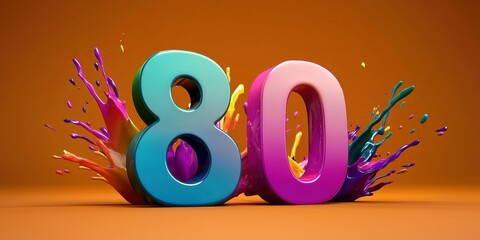 Poster - vibrant 3d number 80 with colorful splashes on orange background, ideal for celebratory themes.