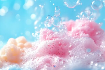 Poster - Ethereal pink foam and floating bubbles against a serene blue backdrop creating a dreamy and clean aesthetic perfect for beauty and hygiene products