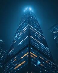 Poster - Captivating Low Angle View of a Modern Skyscraper Illuminated in the Night with Foggy Atmosphere and Blue Tones