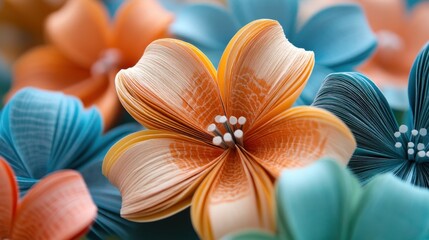 Poster - Artistic Floral Arrangement of Paper Flowers in Vibrant Orange and Teal Colors with Soft Focus Background