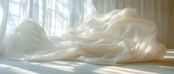 Poster - ethereal white fabric drapes gracefully in soft sunlight casting gentle shadows creating a serene an