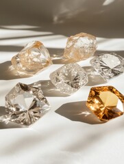 Poster - Captivating Gems Array Sparkling Under Sunlight Creating Shadows on White Surface in Studio Shot