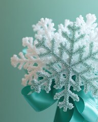 Poster - Elegant winter scene featuring sparkling snowflakes and a teal ribbon against a soft teal background evoking a festive and serene mood