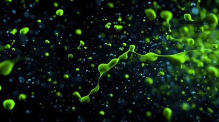 Poster - A dynamic close-up shot of vibrant green liquid drops and spheres suspended against a dark background, creating a splash effect with a mix of sharp focus and motion blur