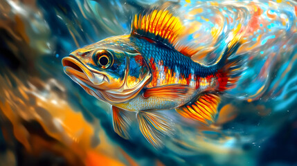 Poster - Colorful fish swims gracefully in crystal-clear water, its vibrant scales shimmering with an array of captivating hues
