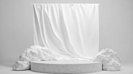 Canvas Print - White Fabric Drape and Stone Display Platform