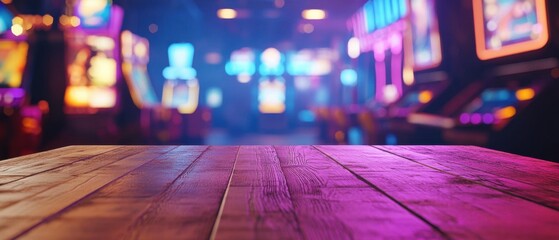 Poster - Captivating Casino Ambiance with Wooden Table Foreground and Blurred Slot Machines in the Background for Product Display