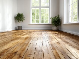 Poster - Bright Interior Space with Wooden Floor and Natural Light Streaming Through Windows Enhancing Plants Pot