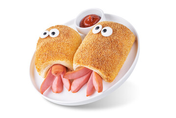 Wall Mural - Sausages in a crispy dough in the form of octopus in a plate on a white isolated background