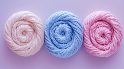 Poster - Three pastel colored wool yarn balls arranged on a purple background, creating a visually appealing pattern