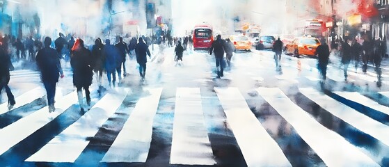Poster - Busy city street with crowded pedestrians crossing a crosswalk during rush hour  Blurred motion and dynamic urban lifestyle in a metropolitan downtown setting