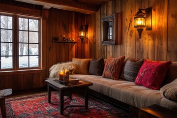 Canvas Print - Cozy Cabin Living Room With Warm Lighting And Winter View