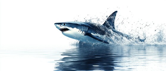 Poster - Majestic Great White Shark Leaping from the Ocean Waters in a Dynamic Splash Against White Backdrop