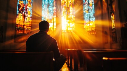 Aufkleber - Sitting quietly in a peaceful church, a man absorbs the warm light pouring through vibrant stained glass. This moment evokes reflection and inner calm, surrounded by divine beauty and tranquility.