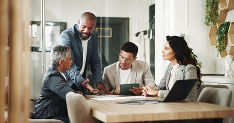 Poster - Meeting, tablet and business people in office for finance investment with company with online. Collaboration, digital technology and financial management team with profit or revenue margin report.