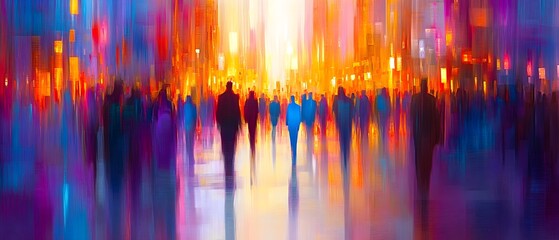 Poster - Captivating Cityscape of Vibrant Lights and Movement in the Night   An abstract and dynamic urban landscape filled with dazzling neon lights glowing skyscrapers and a sense of energy and progress