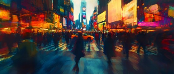 Poster - Captivating nighttime cityscape of the bustling and iconic Times Square in New York City with towering skyscrapers vibrant neon lights LED signs