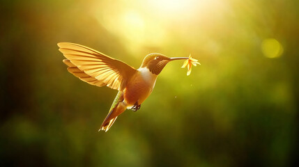 Aufkleber - Small hummingbird gracefully carrying a vibrant yellow flower while soaring through a stunning, colorful sunset sky